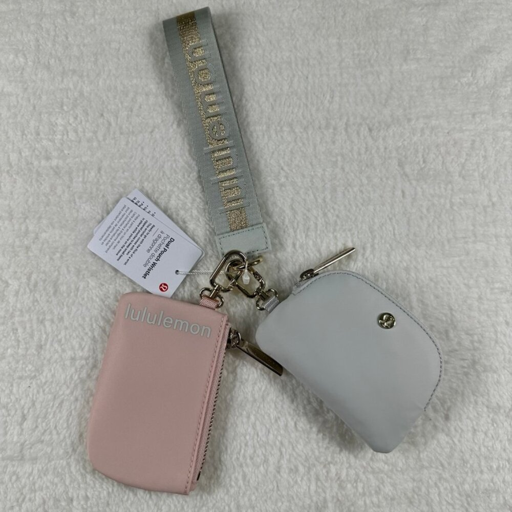 Lululemon Dual Pouch Wristlet Vapor Gold Pink Wordmark New